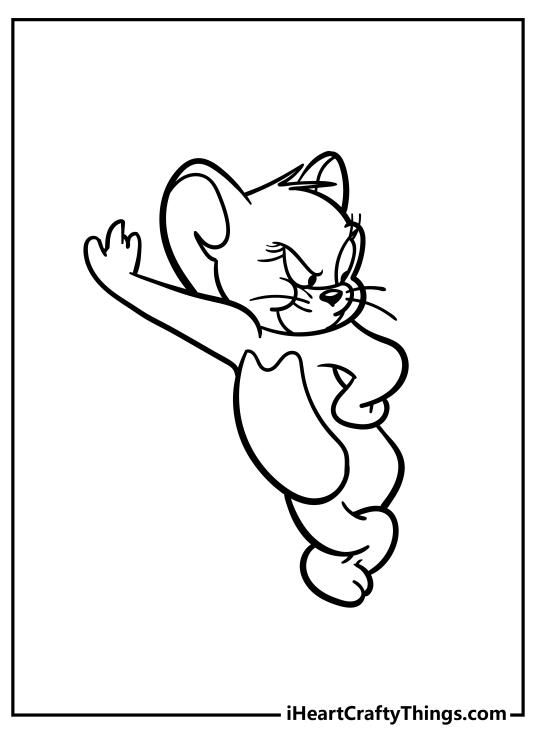 Tom and Jerry-themed printable picture featuring Jerry leaning against the wall looking not happy at all