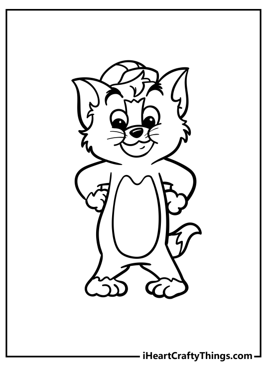 Tom and Jerry-themed coloring picture for children showing Tom as a kid wearing cap