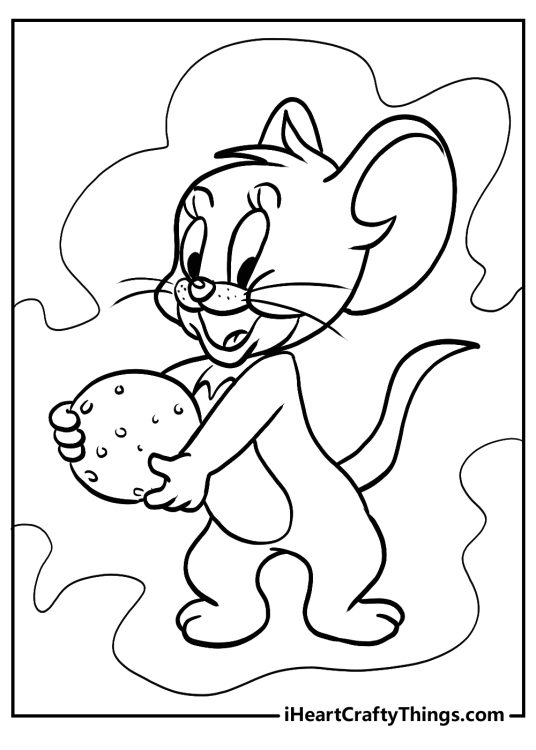 Tom and Jerry printable pdf for kids featuring cheerful Jerry happily holding up a ball in his paws