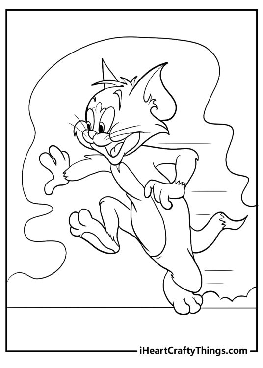Tom and Jerry-themed sheet to color featuring Tom with eyes and mouth wide open in surprise