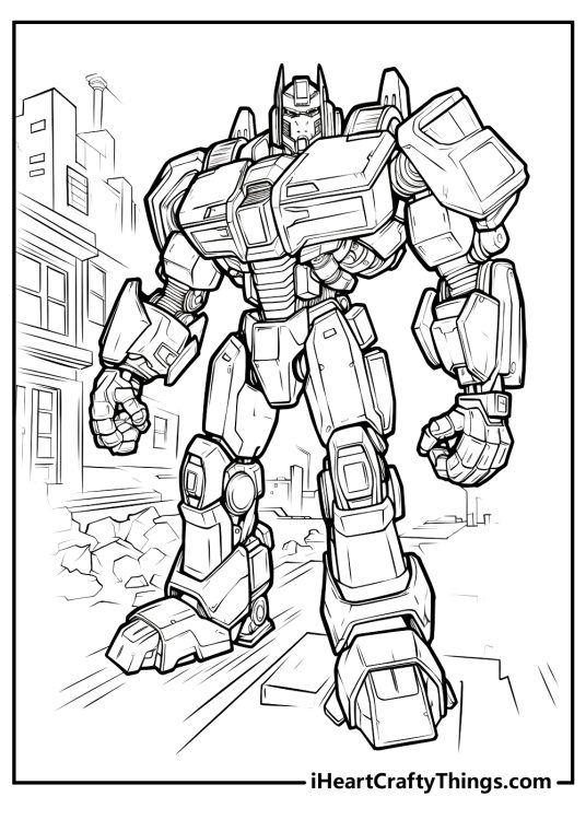 Detailed Transformers coloring sheet presenting Optimus Prime standing tall in front of a futuristic city