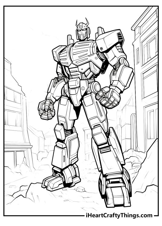 Printable coloring page featuring Transformers character with horns and buildings with ruins behind him