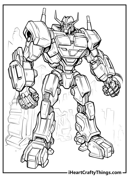 Detailed Transformers coloring page for adults featuring powerful Transformer standing in front of a building