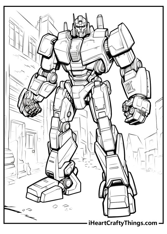 Detailed printable drawing featuring Optimus Prime posing confidently in front of some buildings