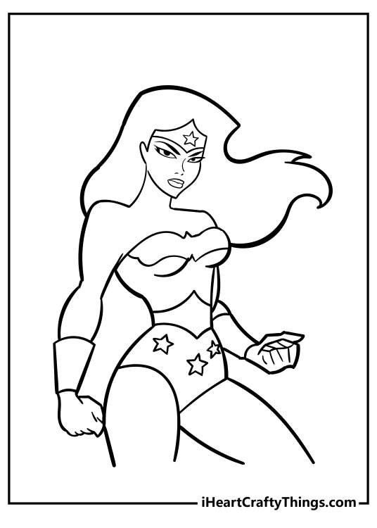 Coloring drawing for children of a powerful-looking Wonder Woman posing with clenched fists