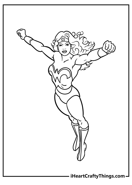 Free coloring picture showing Wonder Woman flying through the air with arms spread wide