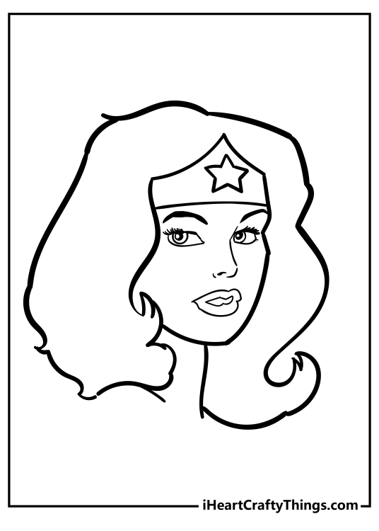Free printable page presenting simple portrait of a Wonder Woman wearing tiara with a star