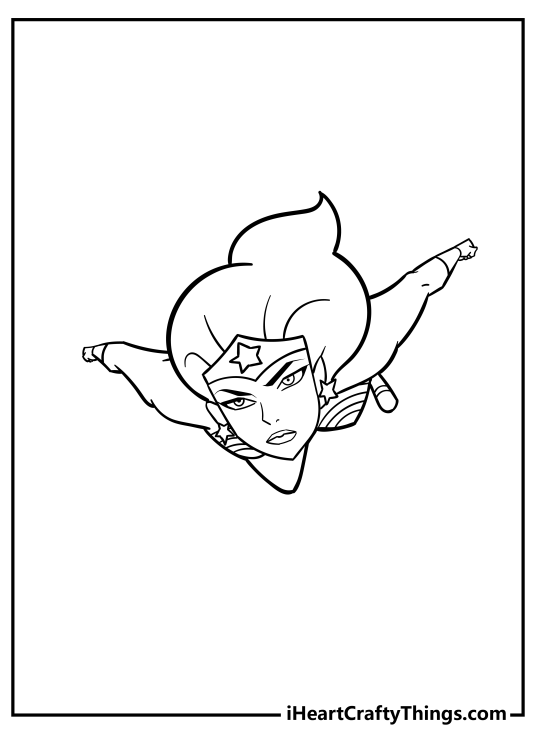Coloring printable with a view from the top onto Wonder Woman leaping through the air