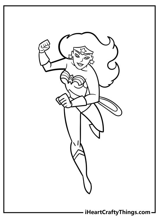 Coloring page presenting Wonder Woman in action looking as if she is about to throw a punch