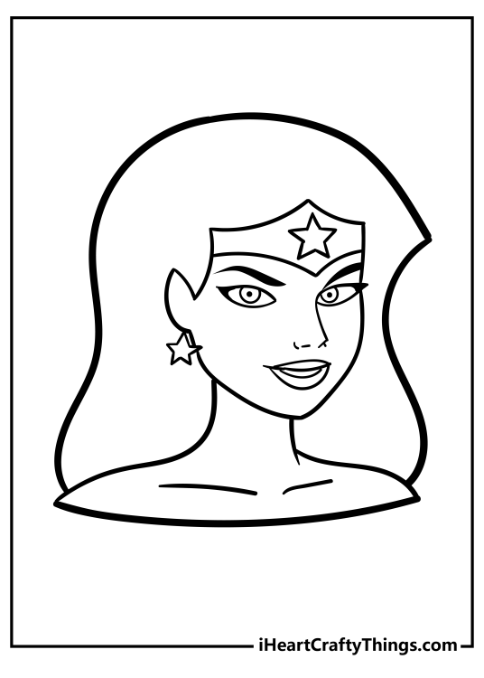 Free coloring sheet presenting a close-up of a Wonder Woman with clear background