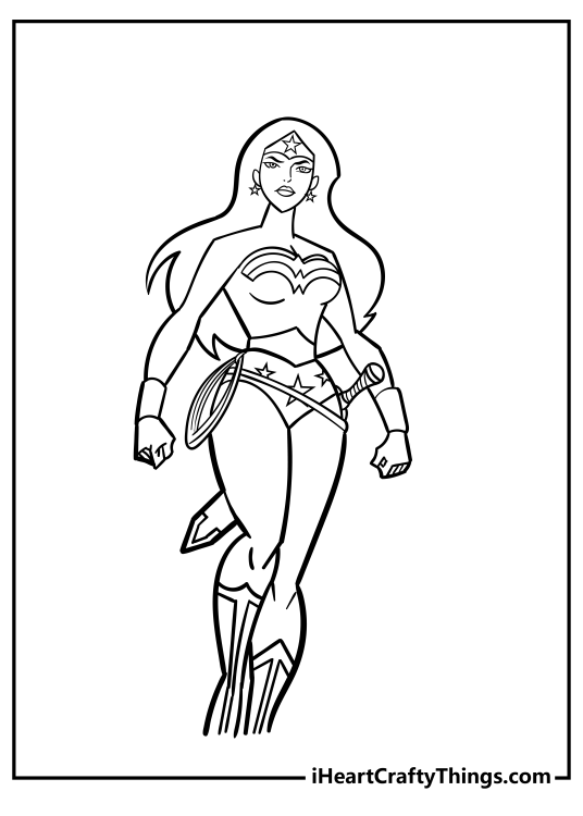 Coloring printable depicting Wonder Woman with her sword and lasso attached to the belt