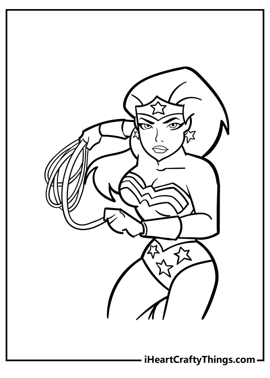Picture to print and color of a Wonder Woman in action looking like she is about to throw her lasso
