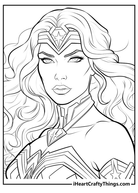 Printable coloring image for adults presenting incredibly detailed portrait of a Wonder Woman