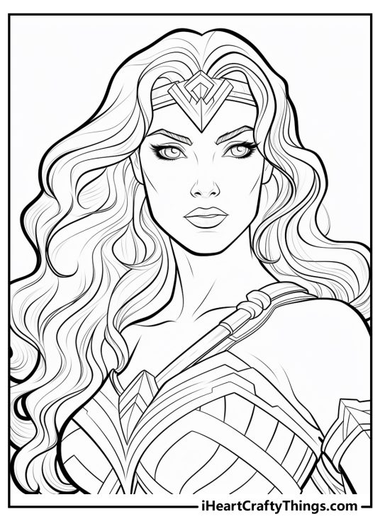Printable coloring poster presenting detailed portrait of a stunning Wonder Woman