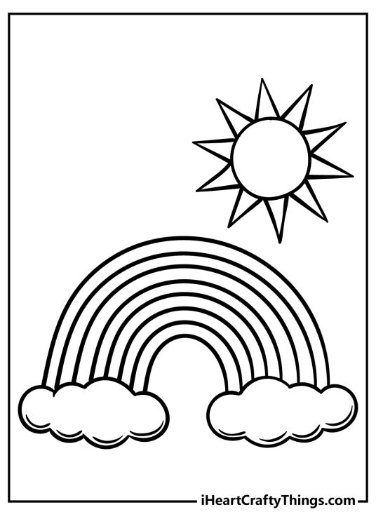 Printable coloring drawing for pre-schoolers featuring large rainbow with clouds and a sun above it