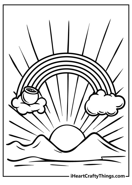 Free printable depicting a pot of gold at the end of the rainbow with huge sun in the background