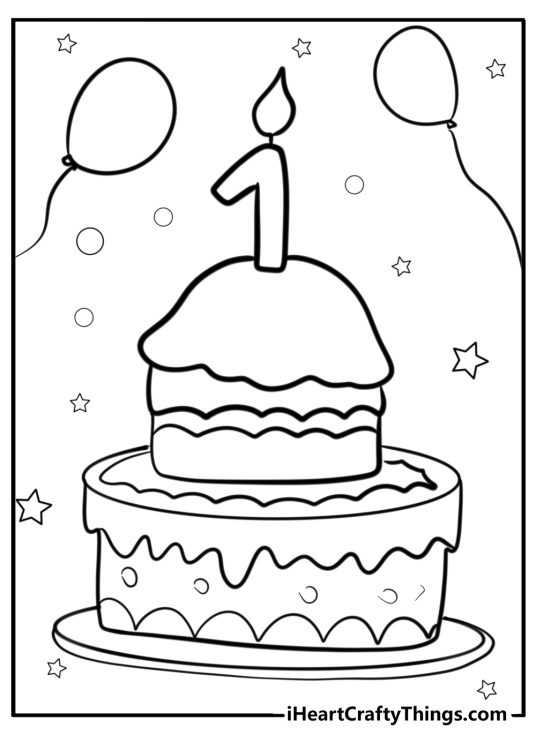 Happy birthday-themed picture for kids featuring 1st birthday cake with lit number 1 candle