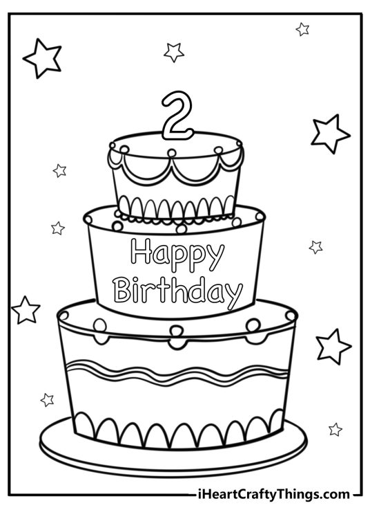 Happy birthday-themed drawing of a three-layered 2nd birthday cake with stars in the background