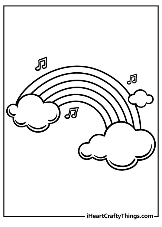Printable picture for kids of a rainbow coming out of two clouds surrounded by musical notes