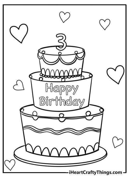 Happy birthday-inspired picture featuring tall cake with number 3 on the top and heart shapes all around it