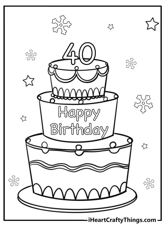 Happy birthday card with tall 40th birthday cake surrounded by snowflakes and stars