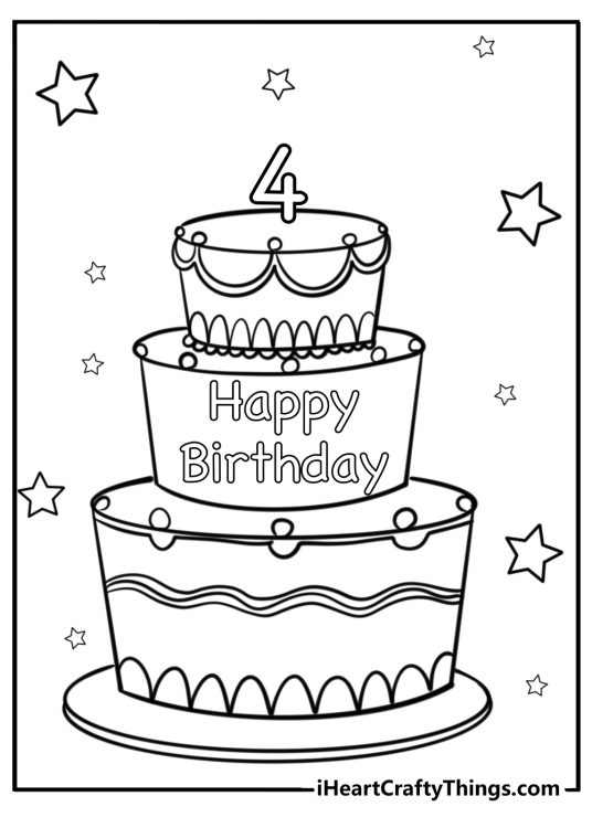 Happy birthday picture presenting three-layered cake with Happy birthday phrase and number 4 candle