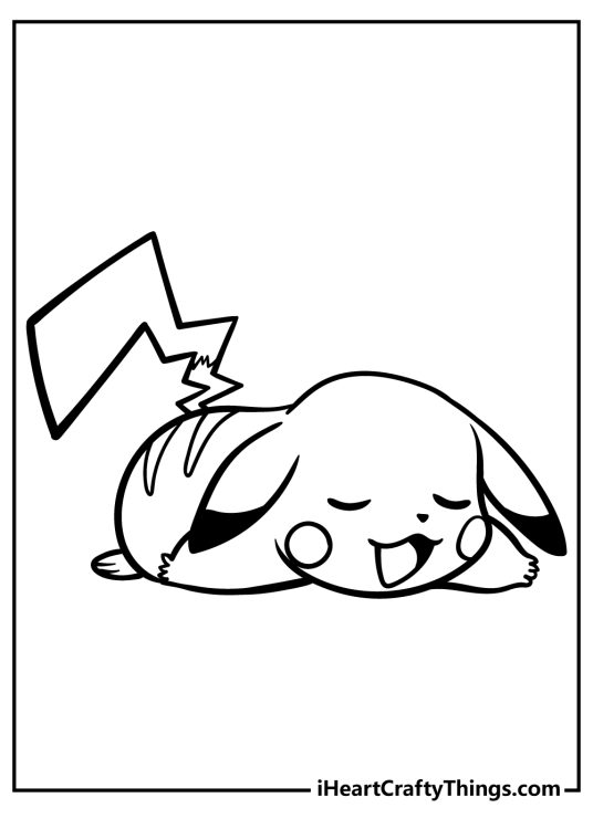 Coloring picture for kids featuring Pikachu having a nap with clear background behind him