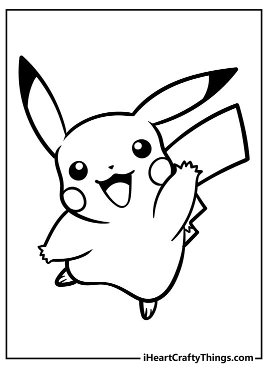 Free coloring printable for children featuring happy Pikachu giving a friendly wave