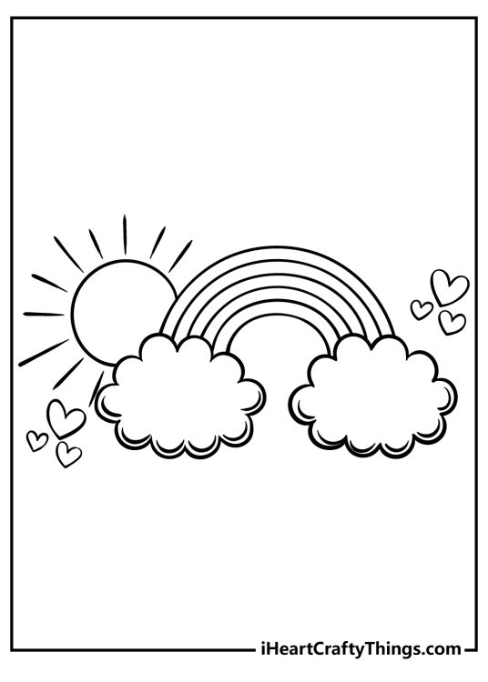 Coloring picture for children of a cute little rainbow drawn in a simple style with a sun behind it