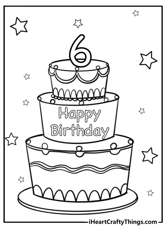 Happy birthday-themed printable depicting delicious three-layered cake with number 6 on top and stars all around it