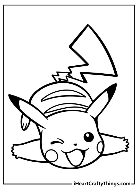 Free coloring page for kids depicting Pokemon Pikachu who has just taken a tumble but still looking happy