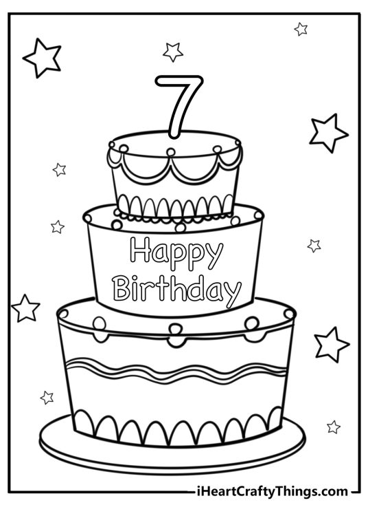 Happy birthday-inspired picture featuring three-layered cake with number 7 on top surrounded by stars