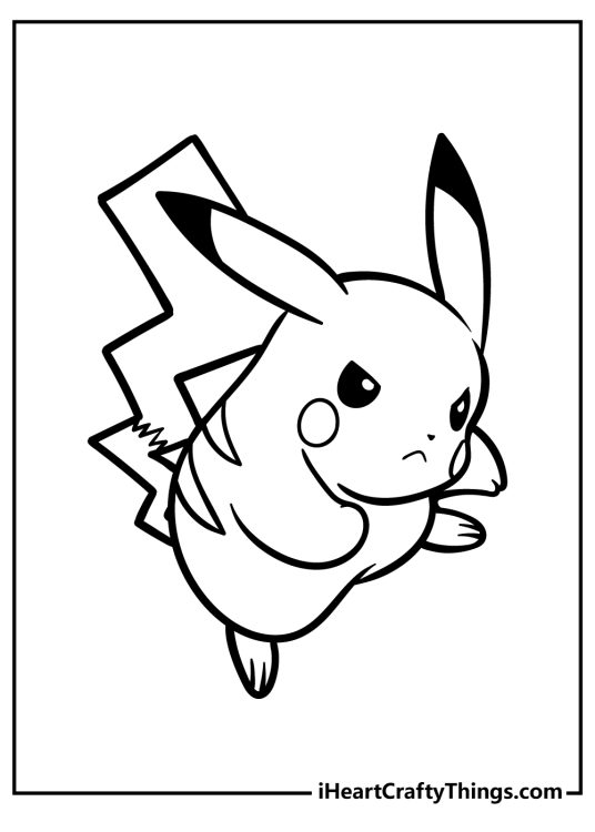Black-and-white drawing for children featuring Pokemon Pikachu looking very serious
