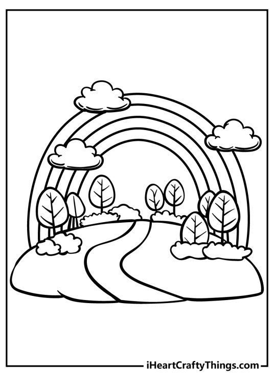 Detailed drawing featuring a peaceful path leading into nature topped off with a beautiful rainbow