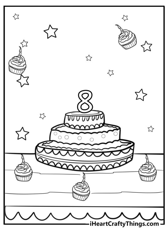 Happy birthday picture featuring 8th birthday cake placed on the table with cupcakes and stars all around