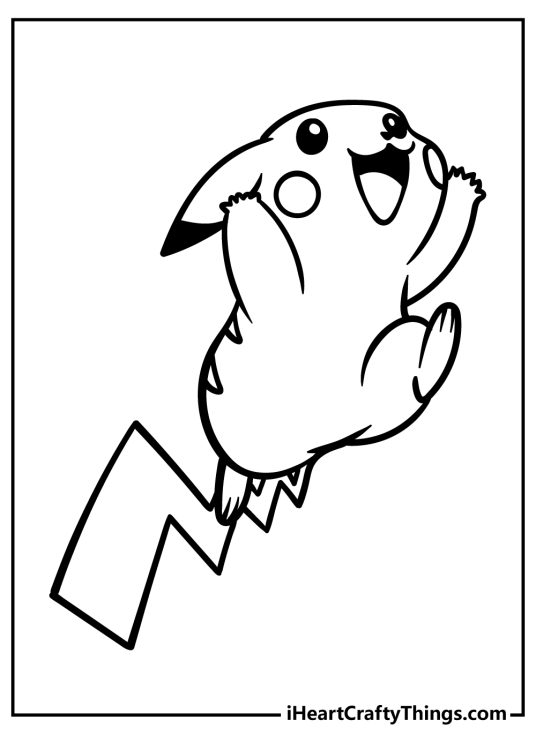 Printable coloring picture of a Pikachu looking very happy as he jums in the air
