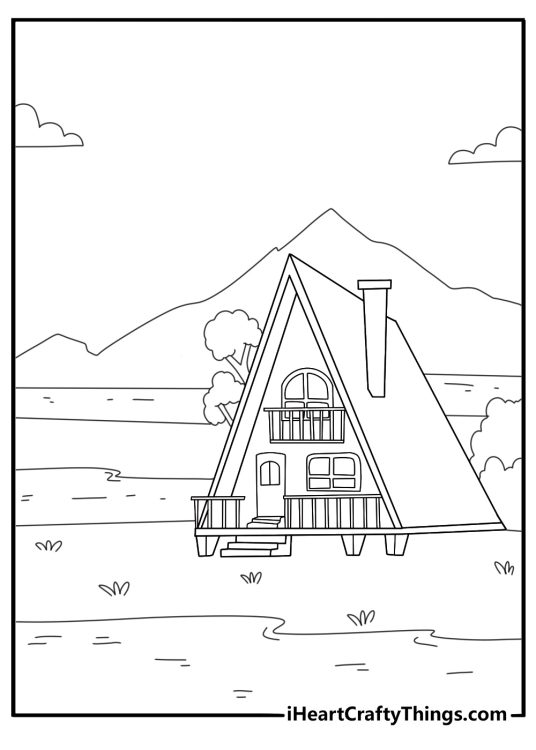 A frame cabin house by a calm lake detailed coloring page for adults
