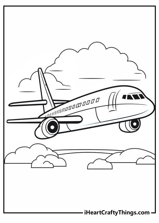 Airplane coloring page for kids presenting majestic craft soaring through the skies