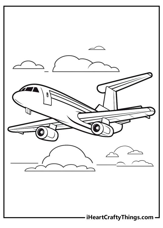 Coloring sheet for kids capturing majestic airplane with fluffy clouds in the background