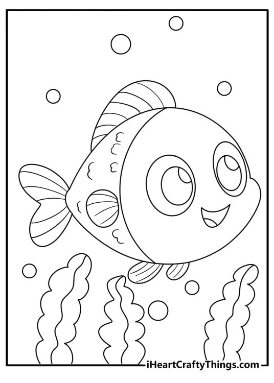 Cute fish coloring page with baby fish near seaweed for kids