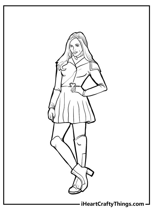 Descendants coloring picture featuring character Evie wearing cool jacket and short skirt