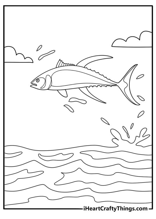Detailed fish coloring sheet with tuna fish cutting through waves