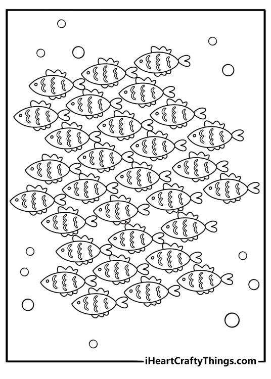Easy fish coloring page with small fish school moving together