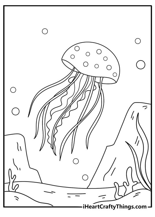 Fish coloring page showing jellyfish drifting in deep sea water