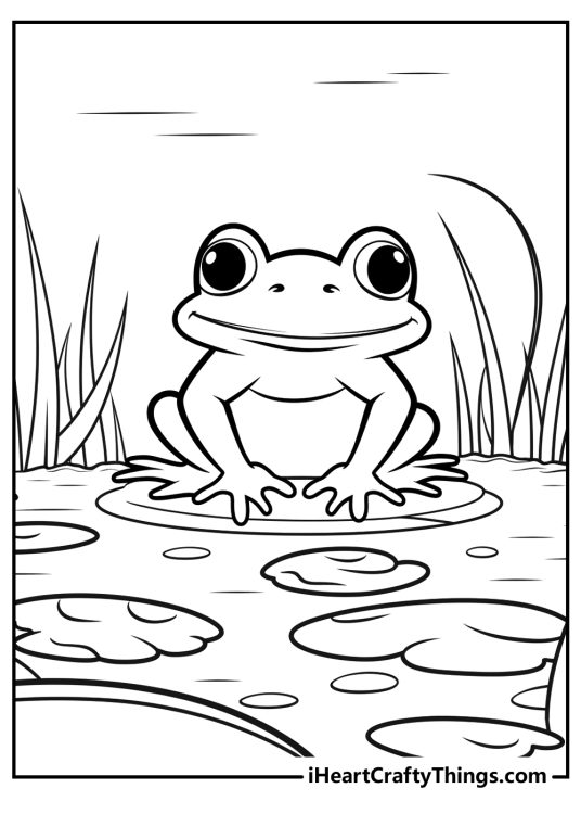 Black-and-white picture for kids featuring smiling frog posing proudly in a pond