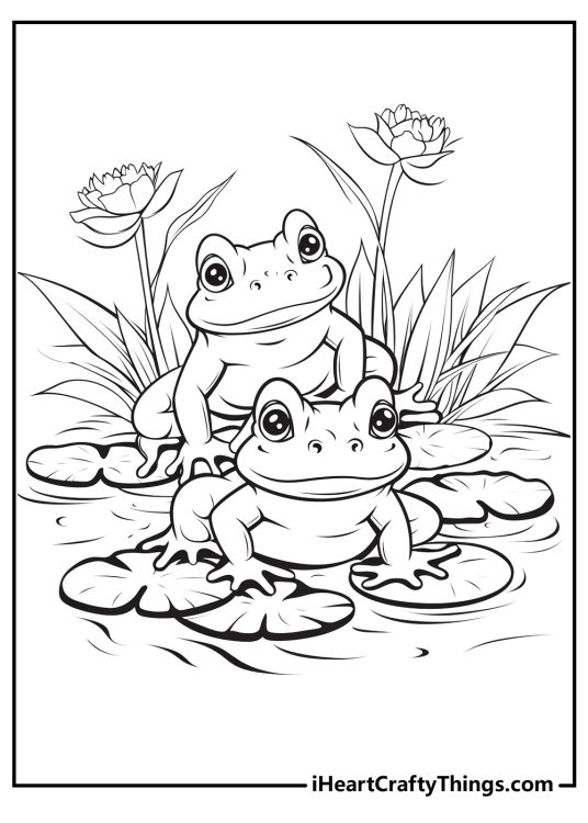 Printable page featuring two playful frogs resting on a pond surrounded by greenery and flowers