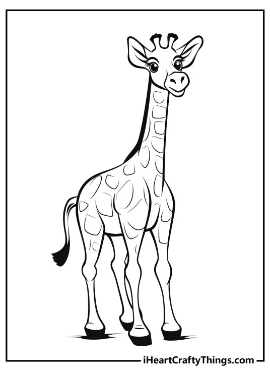 Free printable coloring sheet featuring a cute giraffe with spots all over its body