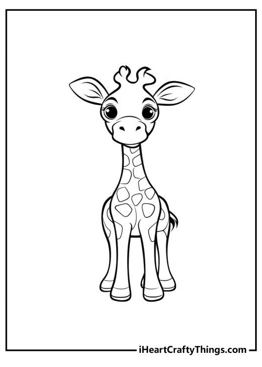 Printable featuring giraffe with a cute smile on its face looking straight ahead with background left blank
