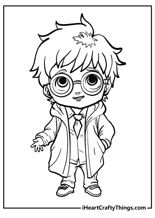 Printable page with young cartoony Harry Potter posed in a cozy winter coat with his hand in the pocket