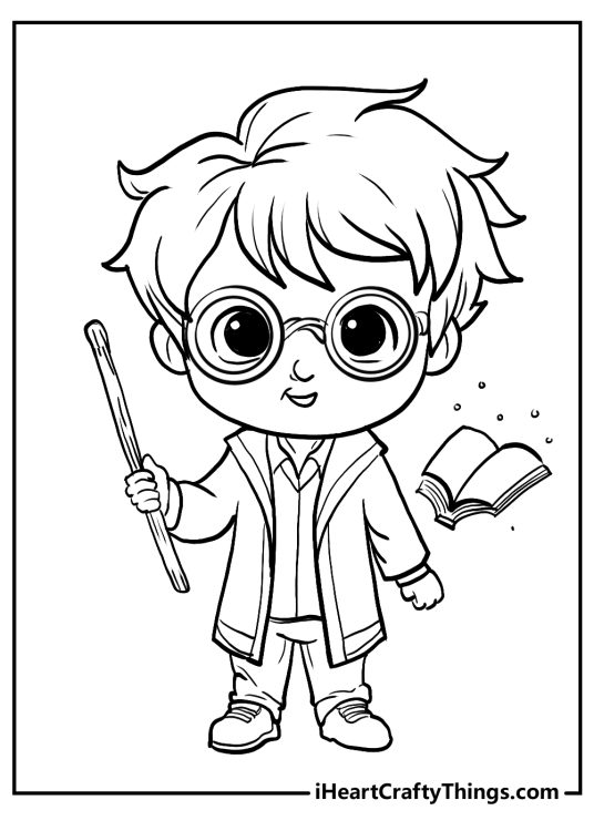 Coloring page of a Harry Potter with phoenix feather wand poised in one hand and a spellbook on his left side